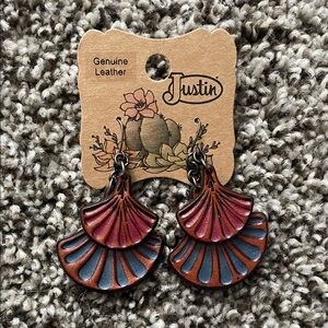 NWT Justin Women's Fan Shaped Tooled Leather Earrings - Western Boho